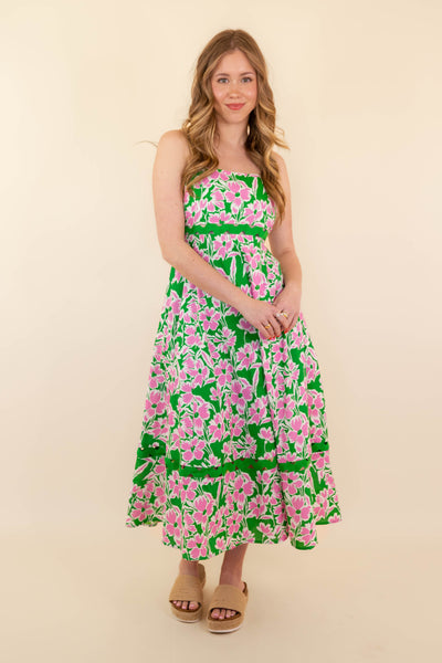 Women's Pink and Green Flower Print Dress- Women's RicRac Maxi Dress- Entro Dresses
