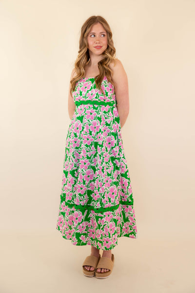 Women's Pink and Green Flower Print Dress- Women's RicRac Maxi Dress- Entro Dresses