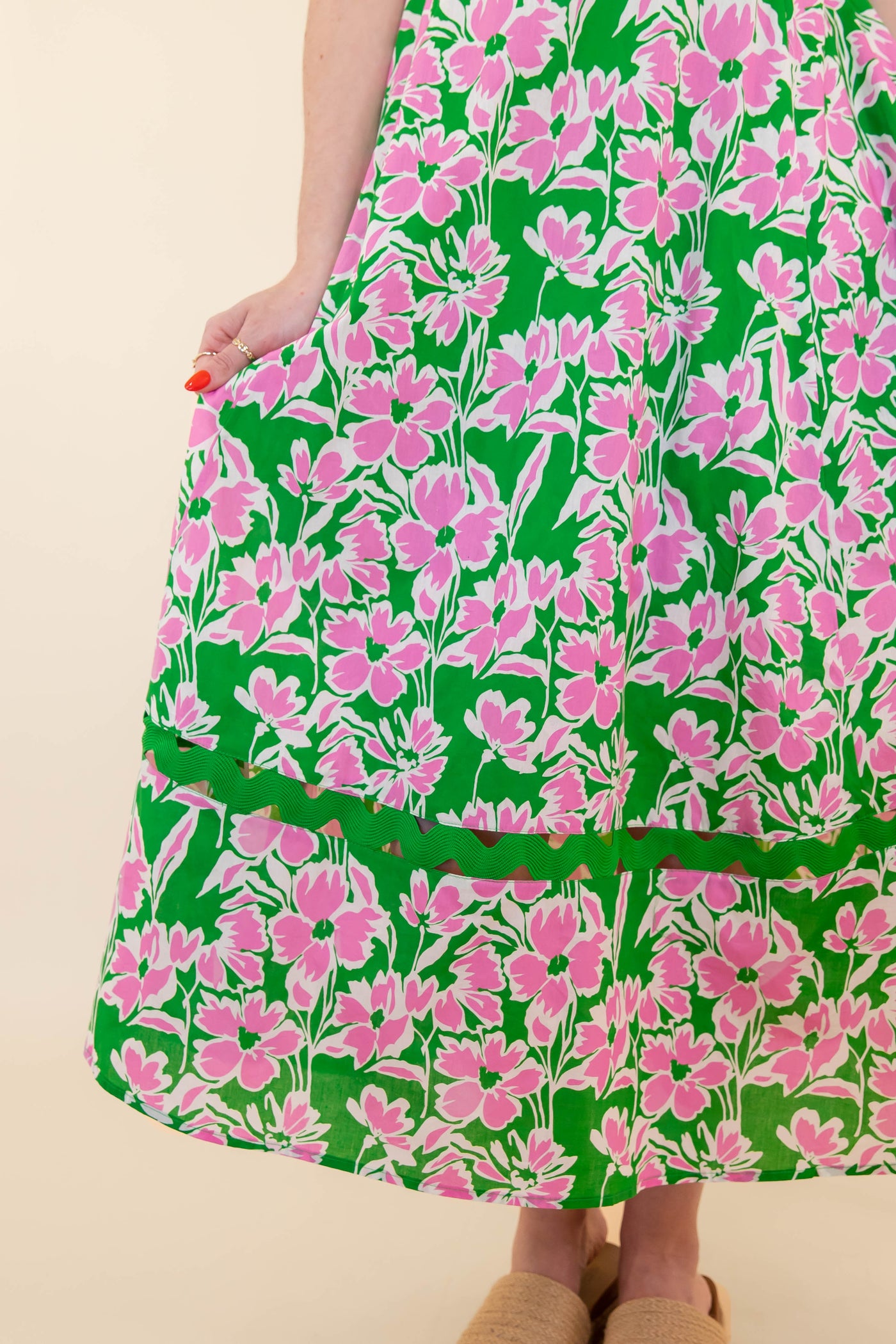 Women's Pink and Green Flower Print Dress- Women's RicRac Maxi Dress- Entro Dresses