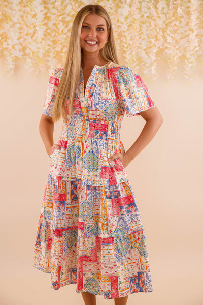 Patchwork Cotton Midi Dress- Women's Colorful Print Dress- Vacation Midi Dress