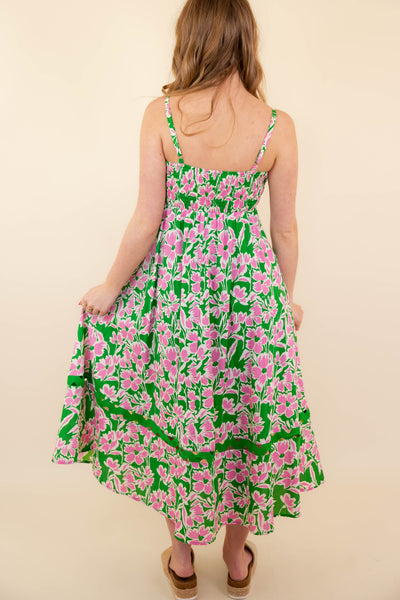 Women's Pink and Green Flower Print Dress- Women's RicRac Maxi Dress- Entro Dresses