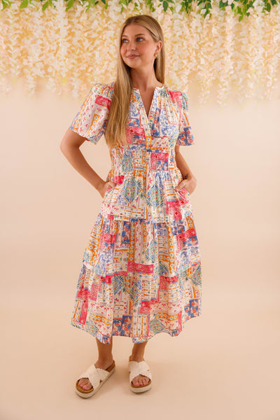 Patchwork Cotton Midi Dress- Women's Colorful Print Dress- Vacation Midi Dress