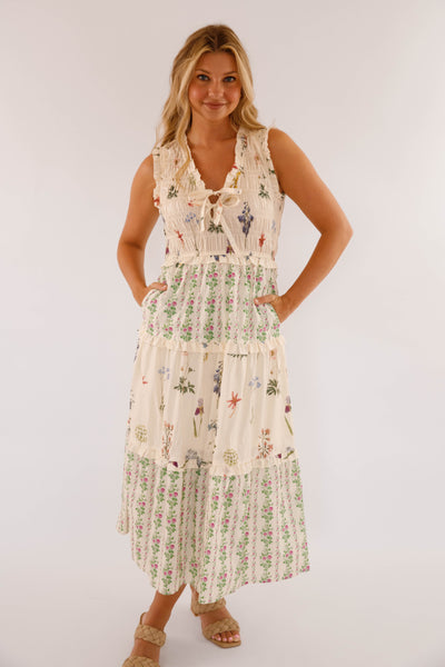 Ivory Floral Cotton Sleeveless Dress- Women's Maxi Dresses- Women's Cotton Entro Dress