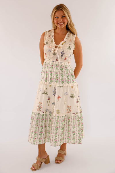 Ivory Floral Cotton Sleeveless Dress- Women's Maxi Dresses- Women's Cotton Entro Dress