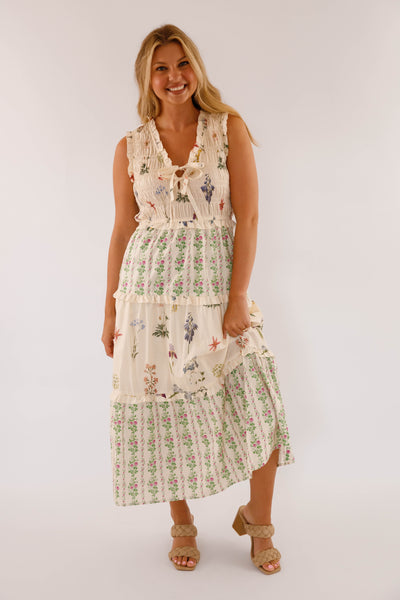 Ivory Floral Cotton Sleeveless Dress- Women's Maxi Dresses- Women's Cotton Entro Dress