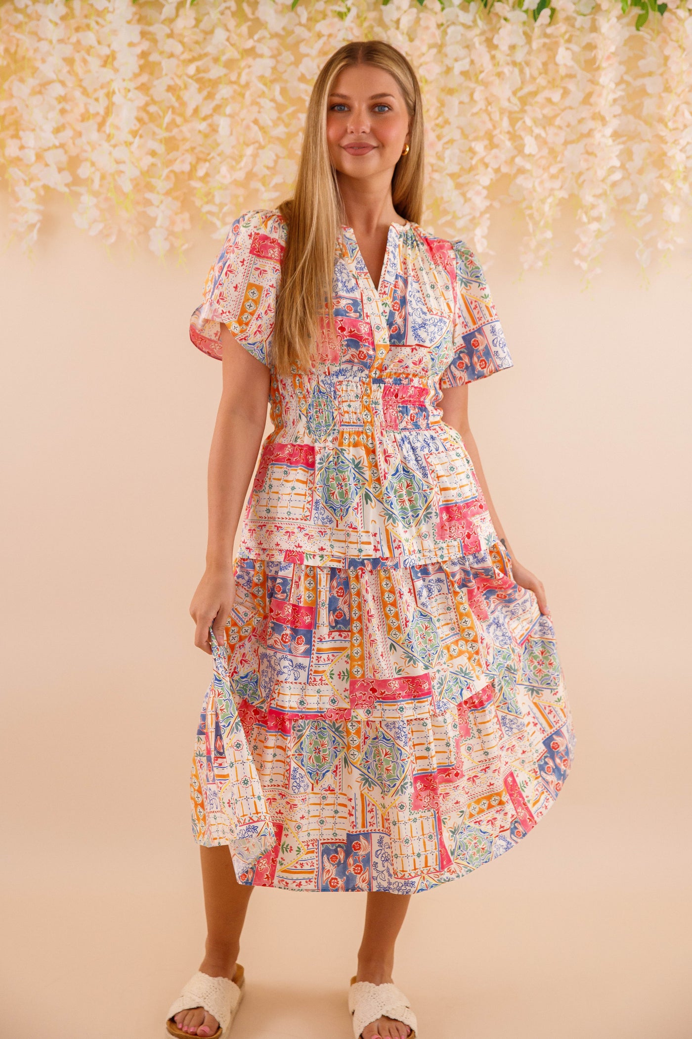 Patchwork Cotton Midi Dress- Women's Colorful Print Dress- Vacation Midi Dress