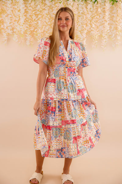 Patchwork Cotton Midi Dress- Women's Colorful Print Dress- Vacation Midi Dress