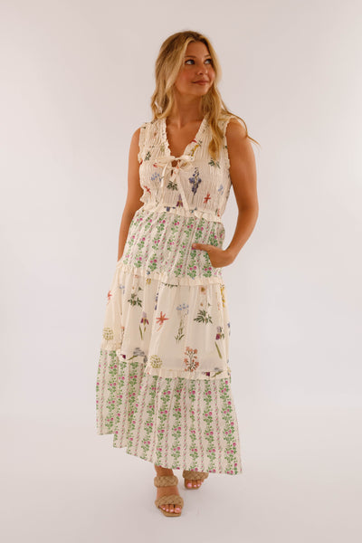 Ivory Floral Cotton Sleeveless Dress- Women's Maxi Dresses- Women's Cotton Entro Dress
