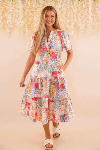 Patchwork Cotton Midi Dress- Women's Colorful Print Dress- Vacation Midi Dress