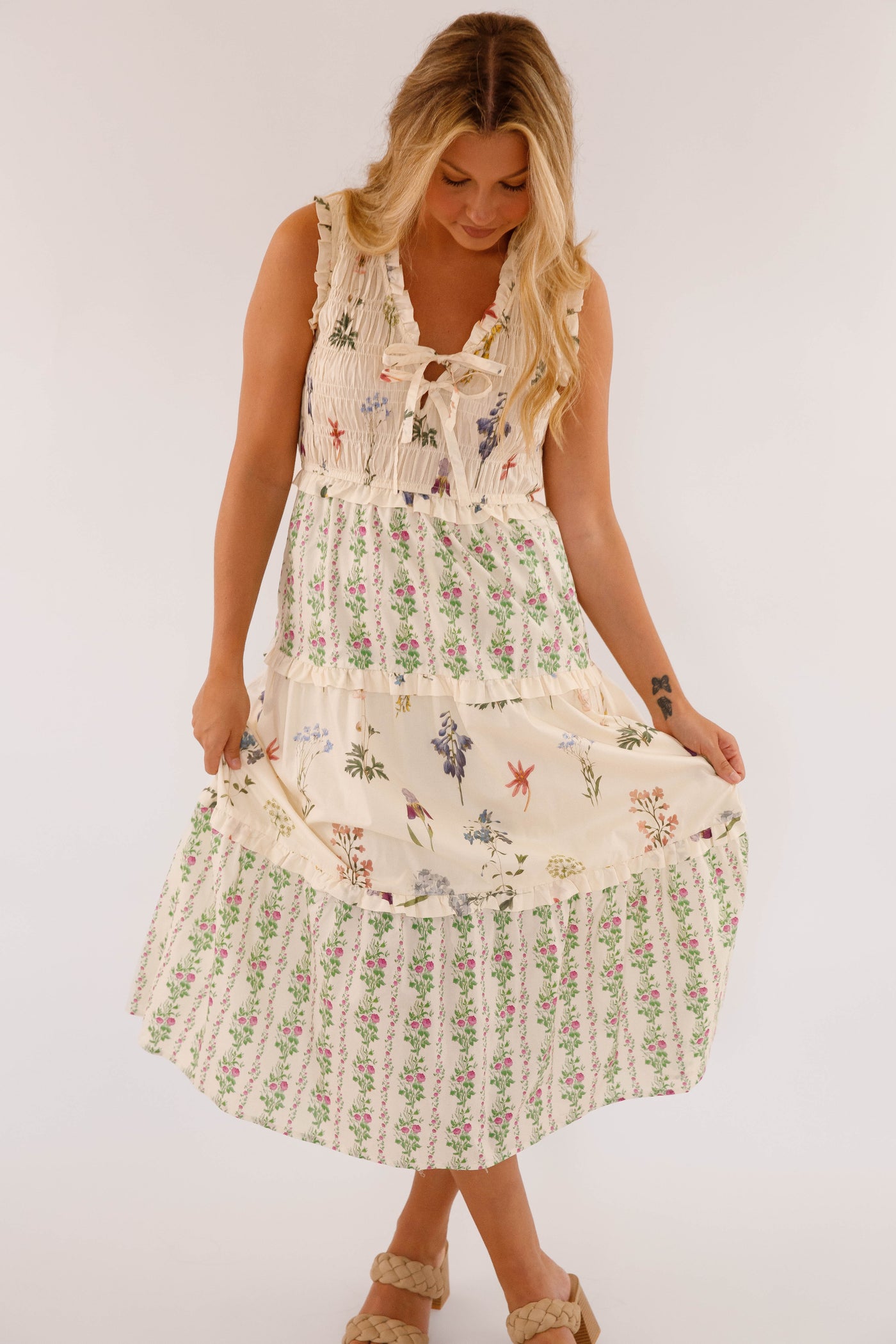 Ivory Floral Cotton Sleeveless Dress- Women's Maxi Dresses- Women's Cotton Entro Dress