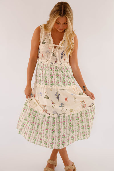Ivory Floral Cotton Sleeveless Dress- Women's Maxi Dresses- Women's Cotton Entro Dress