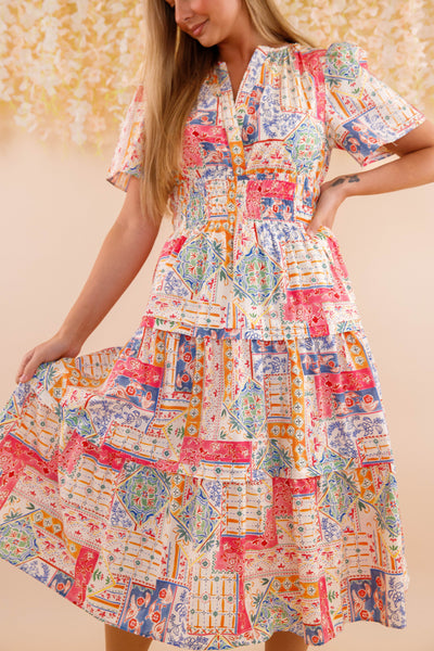 Patchwork Cotton Midi Dress- Women's Colorful Print Dress- Vacation Midi Dress