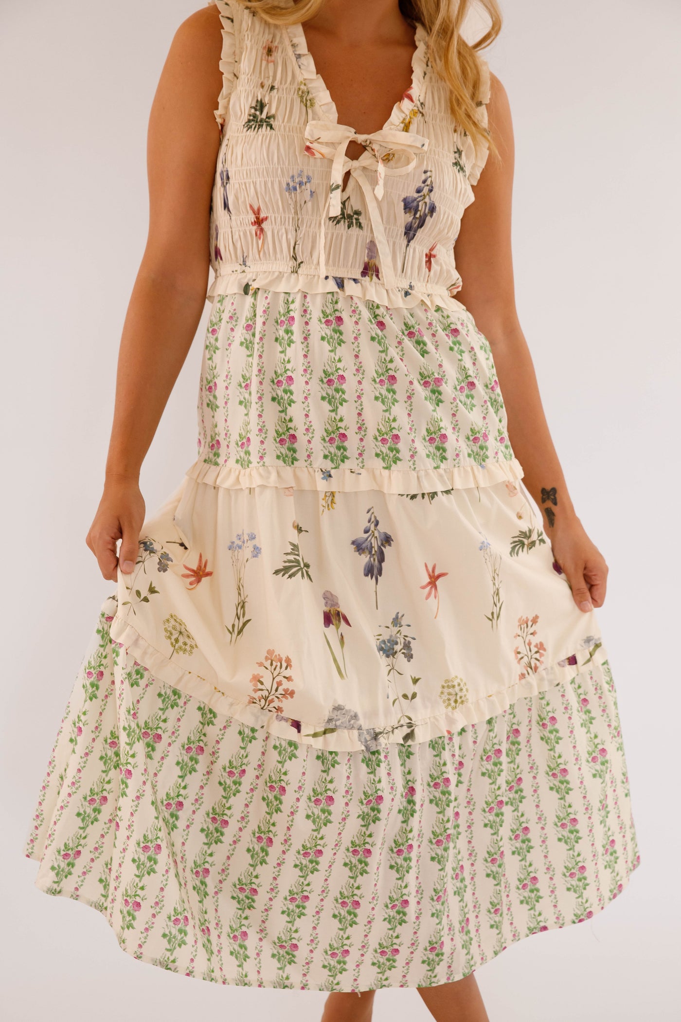 Ivory Floral Cotton Sleeveless Dress- Women's Maxi Dresses- Women's Cotton Entro Dress