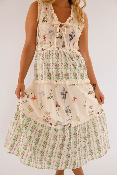 Ivory Floral Cotton Sleeveless Dress- Women's Maxi Dresses- Women's Cotton Entro Dress