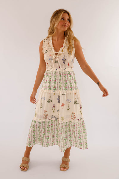 Ivory Floral Cotton Sleeveless Dress- Women's Maxi Dresses- Women's Cotton Entro Dress
