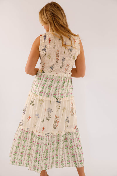 Ivory Floral Cotton Sleeveless Dress- Women's Maxi Dresses- Women's Cotton Entro Dress