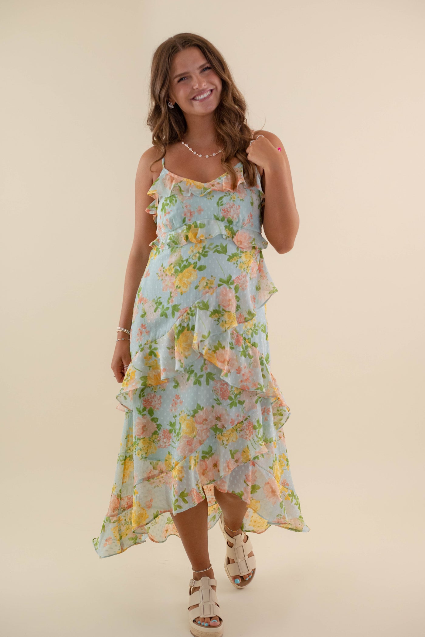 Romantic Floral Midi Dress- Women's Swiss Dot Ruffle Dress- BluPepper Dresses