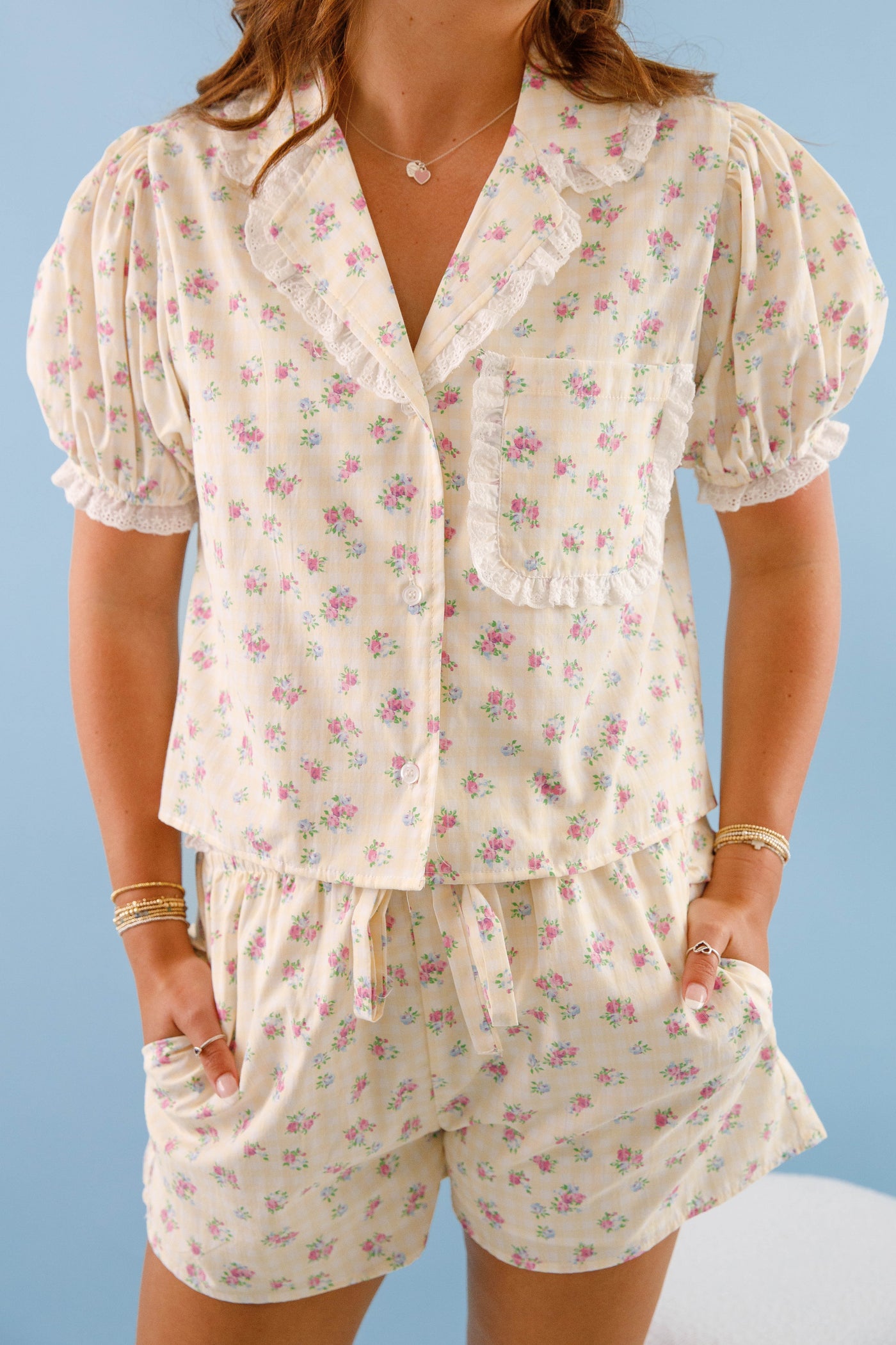 Women's Yellow Gingham Pajama Top- Floral Print Pajama Set- Women's Pajama Short Set