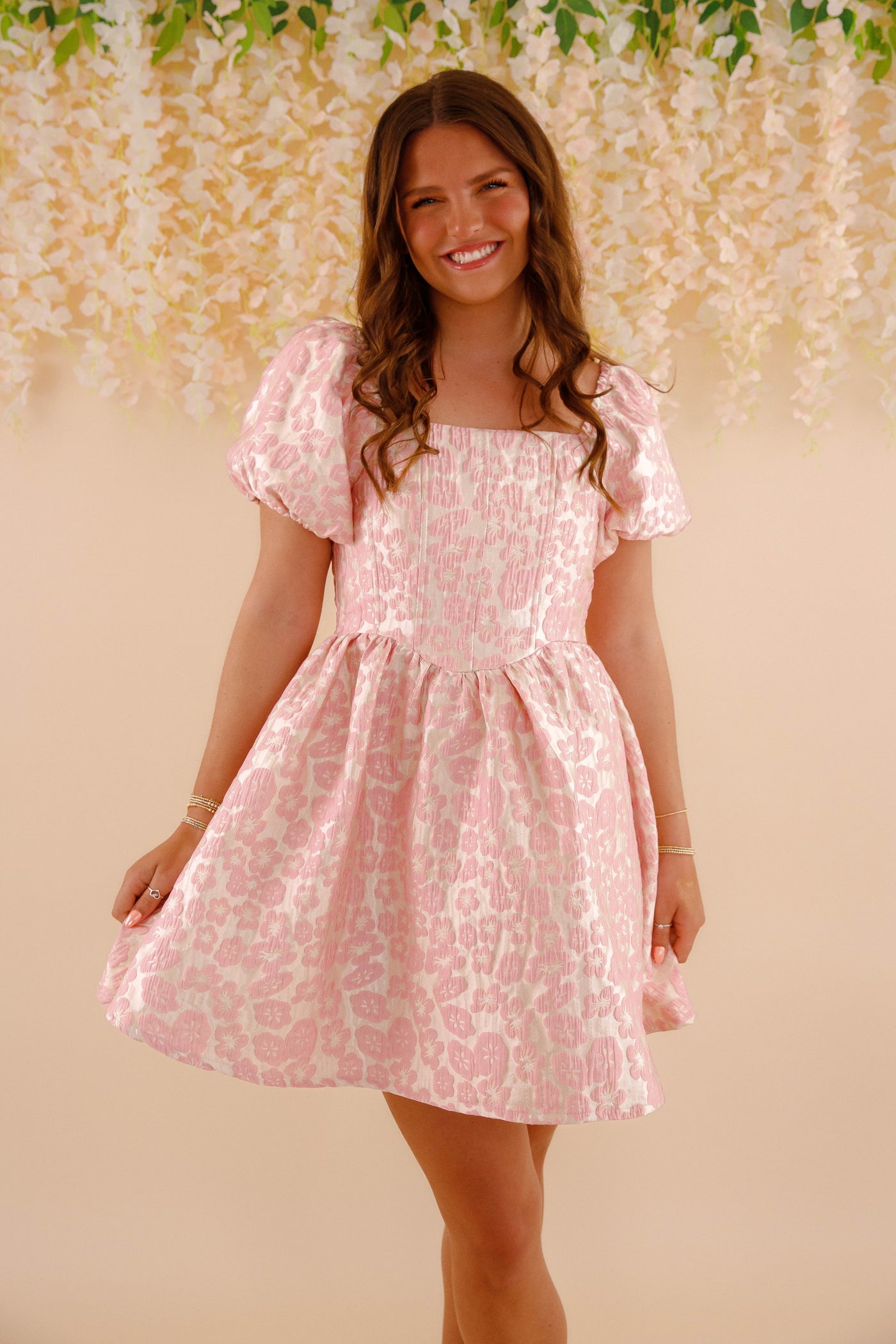 Pink Jacquard Flower Dress- Women's Pink Puff Sleeve Dress
