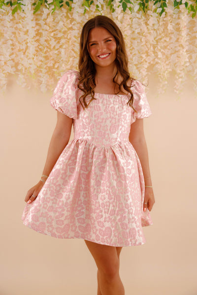 Pink Jacquard Flower Dress- Women's Pink Puff Sleeve Dress