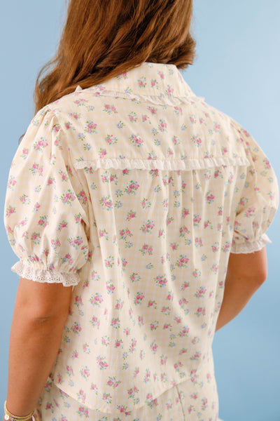 Women's Yellow Gingham Pajama Top- Floral Print Pajama Set- Women's Pajama Short Set