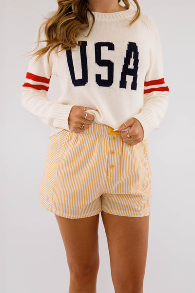 Women's Yellow and White Stripe Boxer Shorts- Boxer Style Shorts for Women- Women's Striped Elastic Shorts