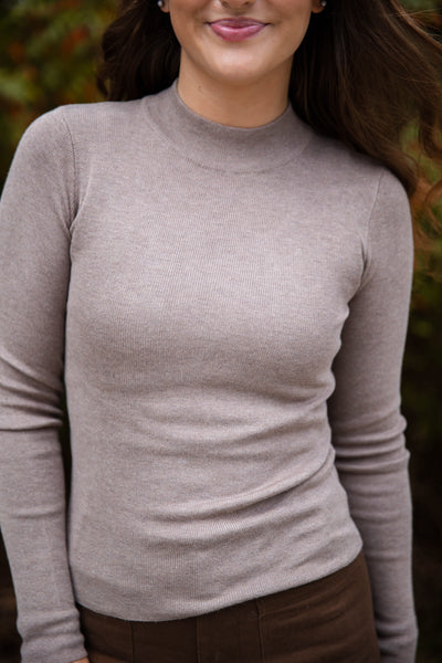 Women's Fitted Ribbed Top- Chic Layering Tops- Mocha Brown Ribbed Long Sleeve Top