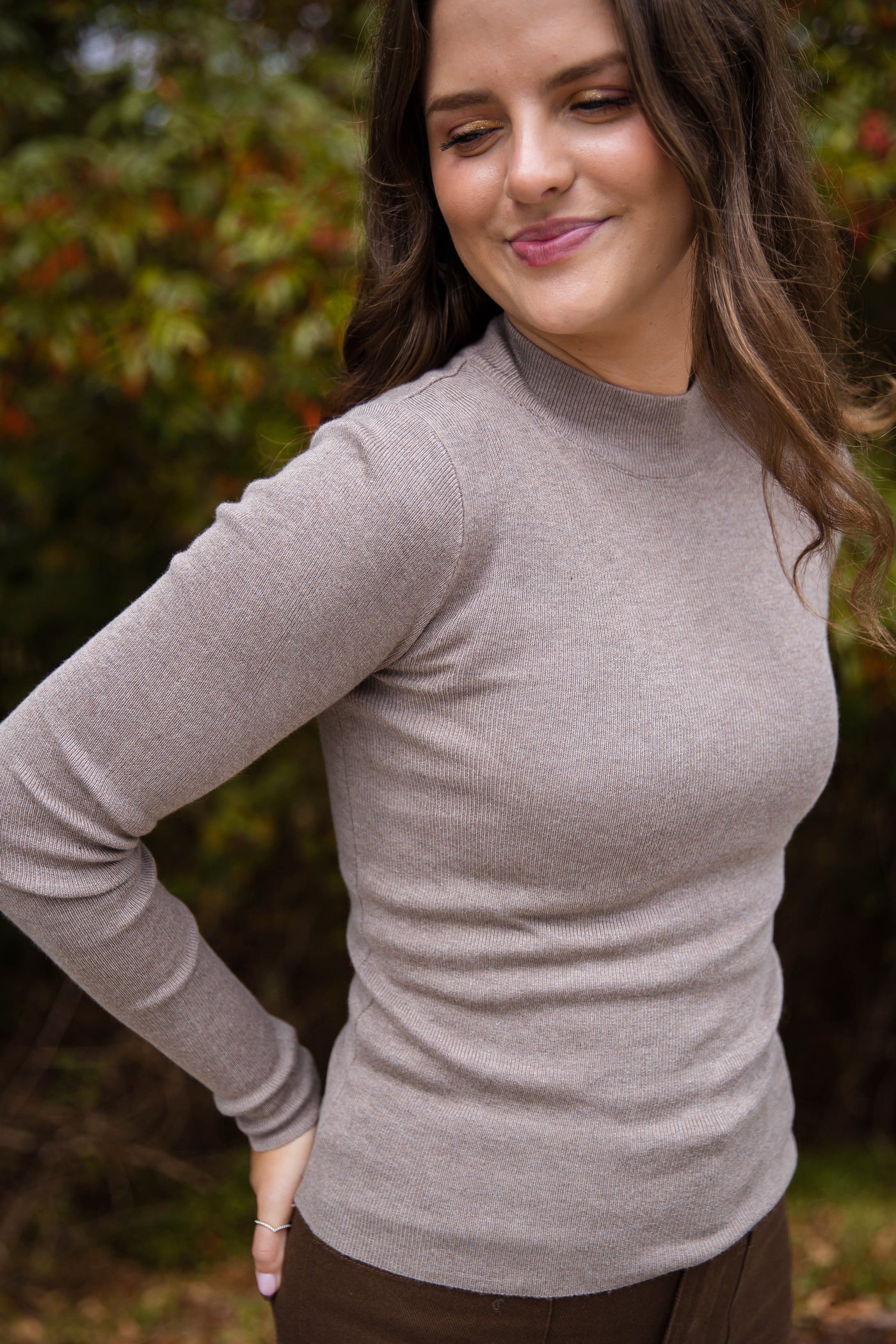 Women's Fitted Ribbed Top- Chic Layering Tops- Mocha Brown Ribbed Long Sleeve Top