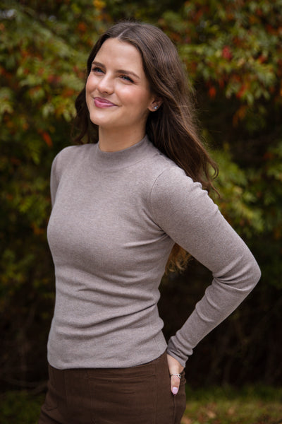 Women's Fitted Ribbed Top- Chic Layering Tops- Mocha Brown Ribbed Long Sleeve Top