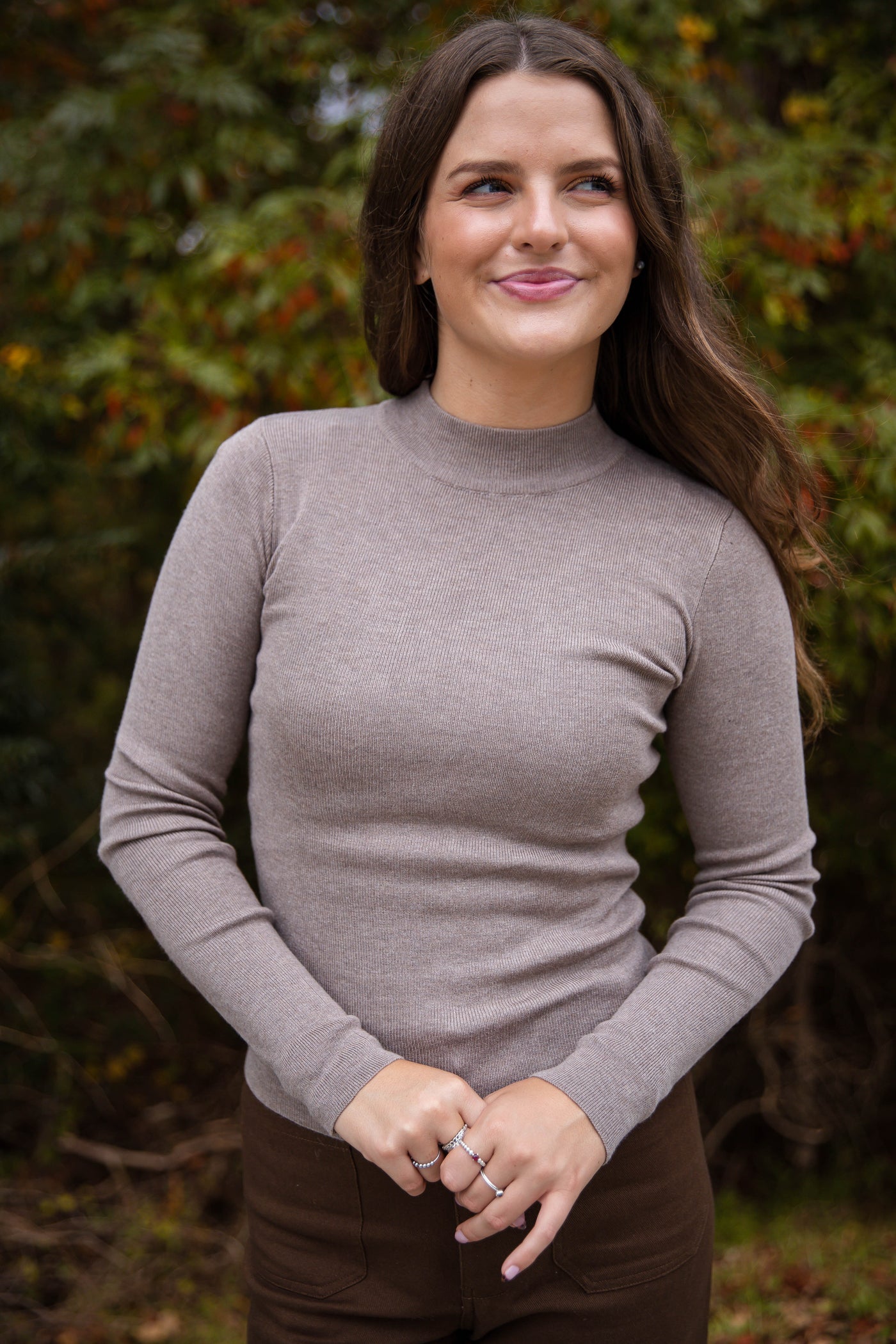 Women's Fitted Ribbed Top- Chic Layering Tops- Mocha Brown Ribbed Long Sleeve Top