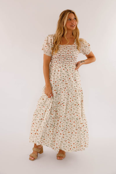 Women's Cotton Ivory Floral Maxi- Puff Sleeve Floral Maxi Dress- Storia Dresses