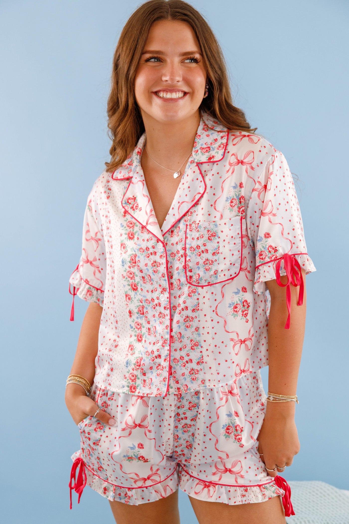 Women's Red Bow Pajama Top- Floral Print Pajama Set- Women's Satin Pajama Short Set