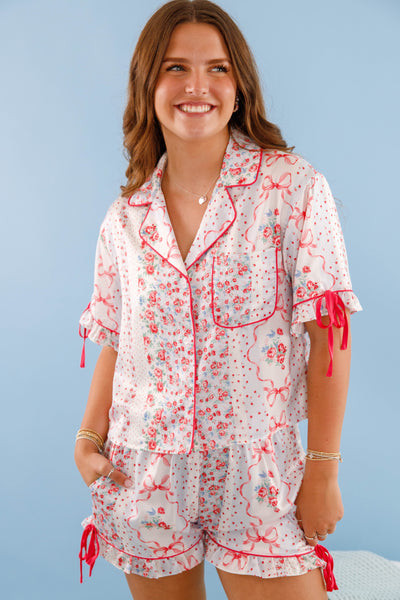 Women's Red Bow Pajama Top- Floral Print Pajama Set- Women's Satin Pajama Short Set