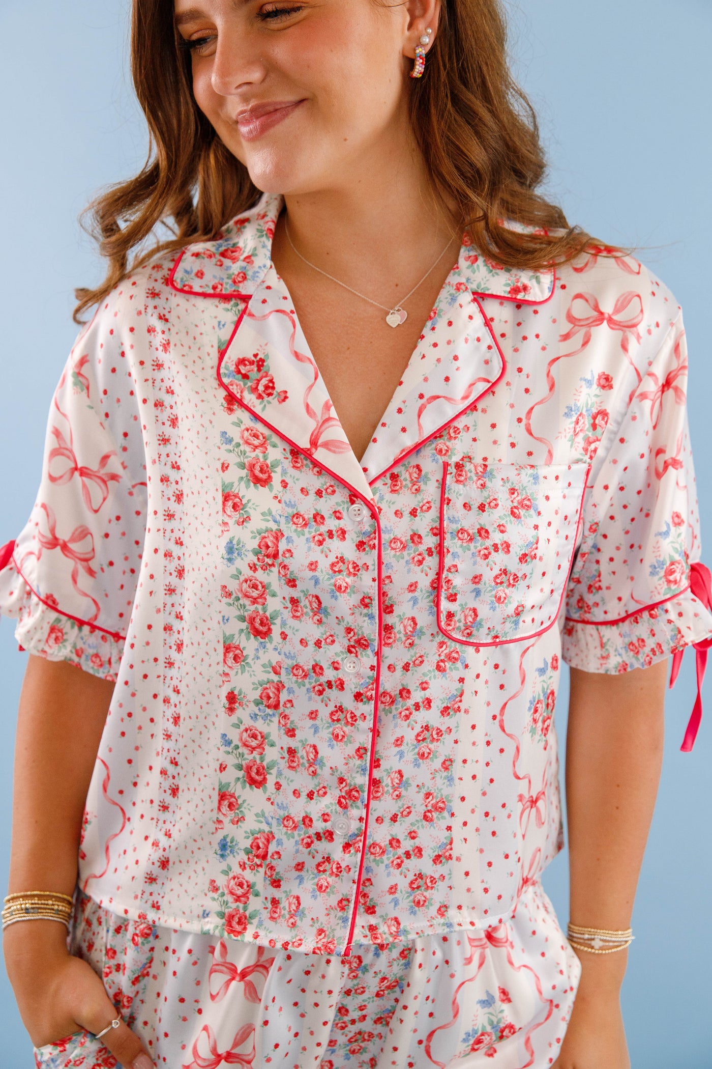 Women's Red Bow Pajama Top- Floral Print Pajama Set- Women's Satin Pajama Short Set