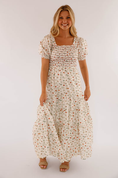 Women's Cotton Ivory Floral Maxi- Puff Sleeve Floral Maxi Dress- Storia Dresses