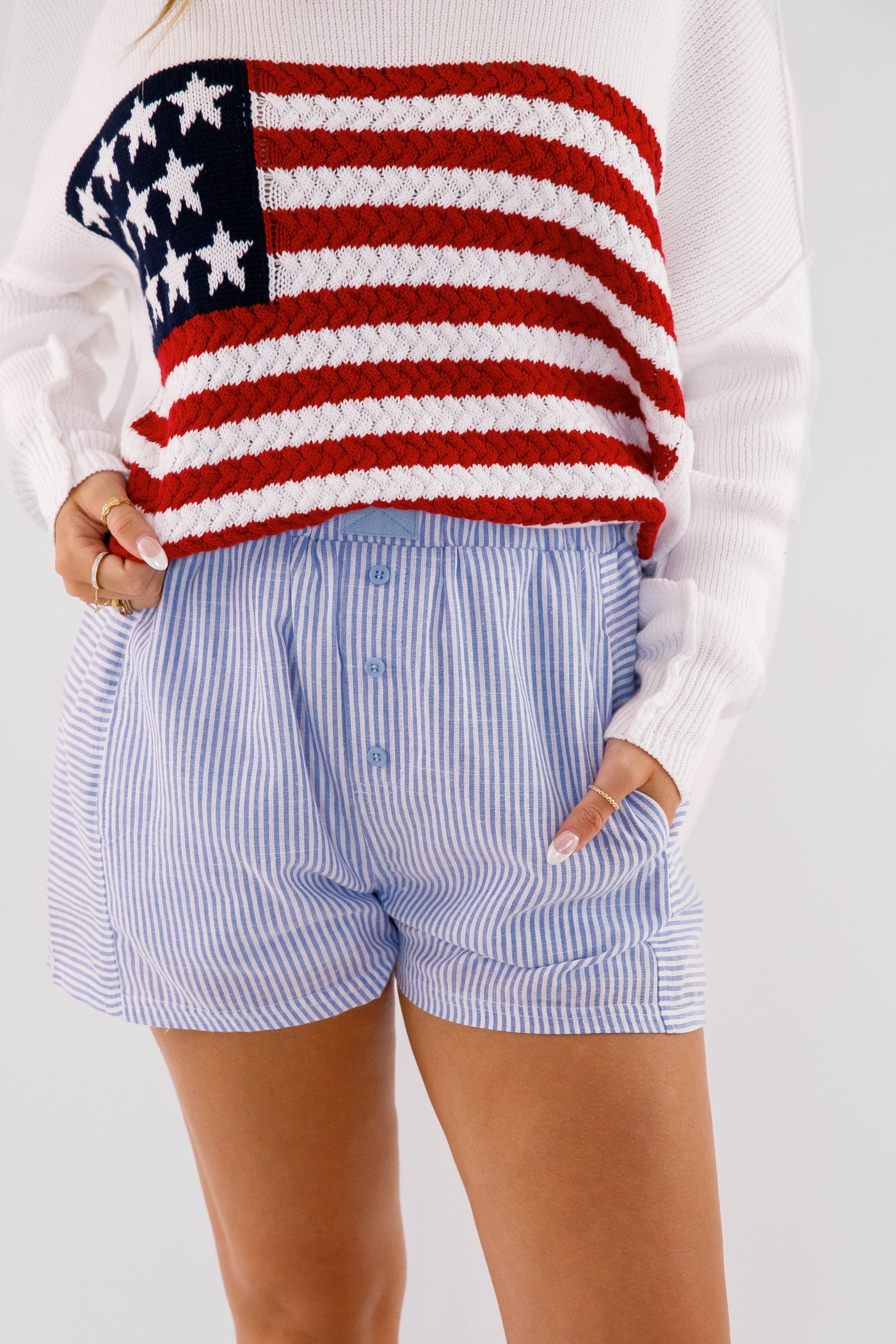Women's Blue and White Stripe Boxer Shorts- Boxer Style Shorts for Women- Women's Striped Elastic Shorts