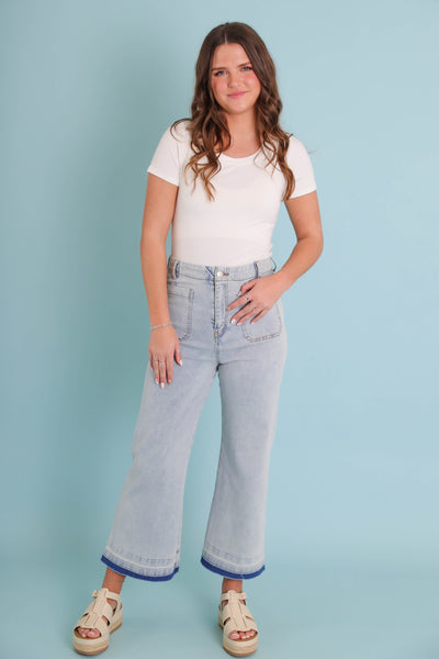 Wide Leg Light Wash Denim- Women's Raw Hem Jeans- Trendy Style Jeans