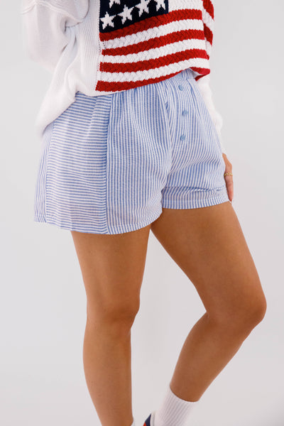 Women's Blue and White Stripe Boxer Shorts- Boxer Style Shorts for Women- Women's Striped Elastic Shorts
