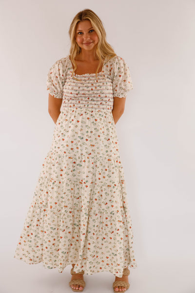 Women's Cotton Ivory Floral Maxi- Puff Sleeve Floral Maxi Dress- Storia Dresses
