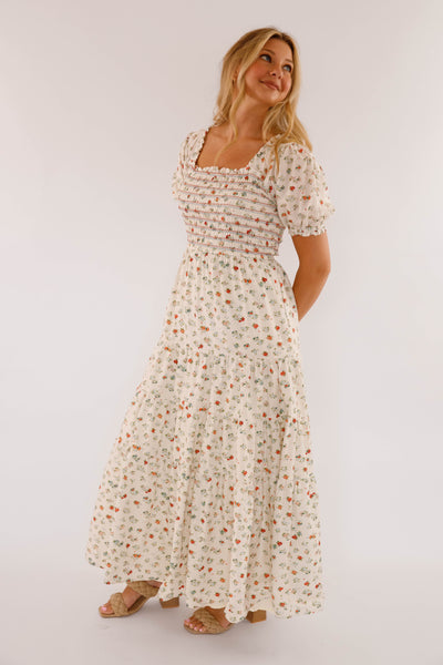 Women's Cotton Ivory Floral Maxi- Puff Sleeve Floral Maxi Dress- Storia Dresses