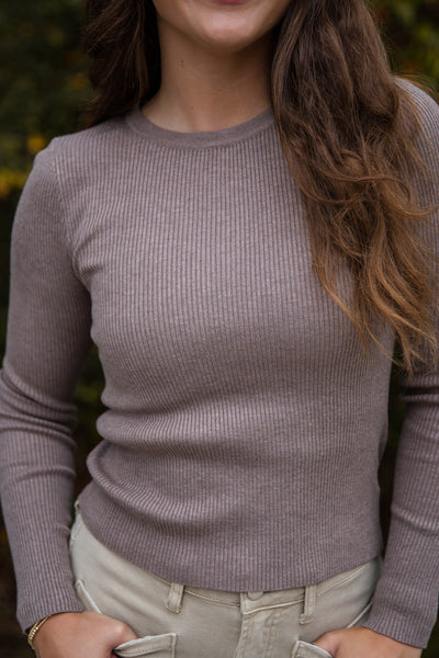 Women's Fitted Ribbed Top- Chic Layering Tops- Brown Ribbed Long Sleeve Top