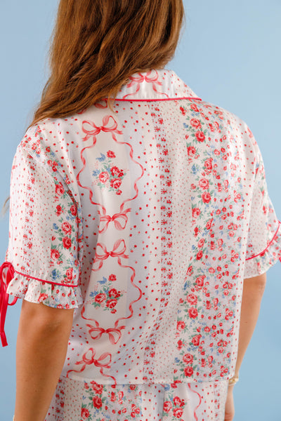 Women's Red Bow Pajama Top- Floral Print Pajama Set- Women's Satin Pajama Short Set
