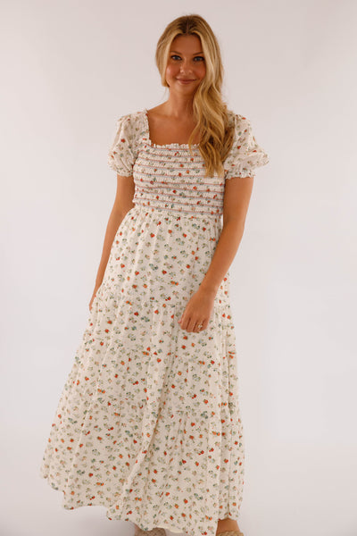 Women's Cotton Ivory Floral Maxi- Puff Sleeve Floral Maxi Dress- Storia Dresses