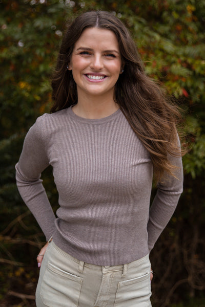 Women's Fitted Ribbed Top- Chic Layering Tops- Brown Ribbed Long Sleeve Top
