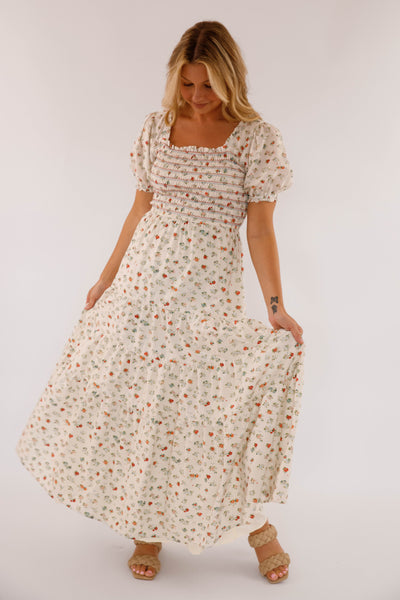Women's Cotton Ivory Floral Maxi- Puff Sleeve Floral Maxi Dress- Storia Dresses