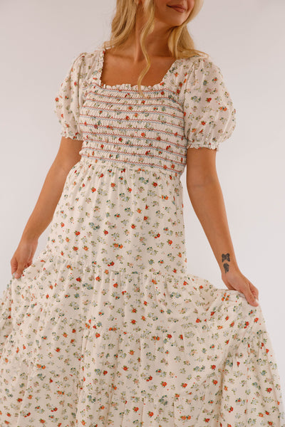 Women's Cotton Ivory Floral Maxi- Puff Sleeve Floral Maxi Dress- Storia Dresses