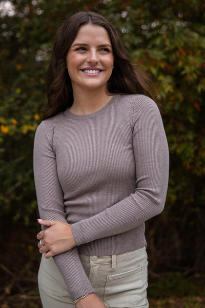 Women's Fitted Ribbed Top- Chic Layering Tops- Brown Ribbed Long Sleeve Top
