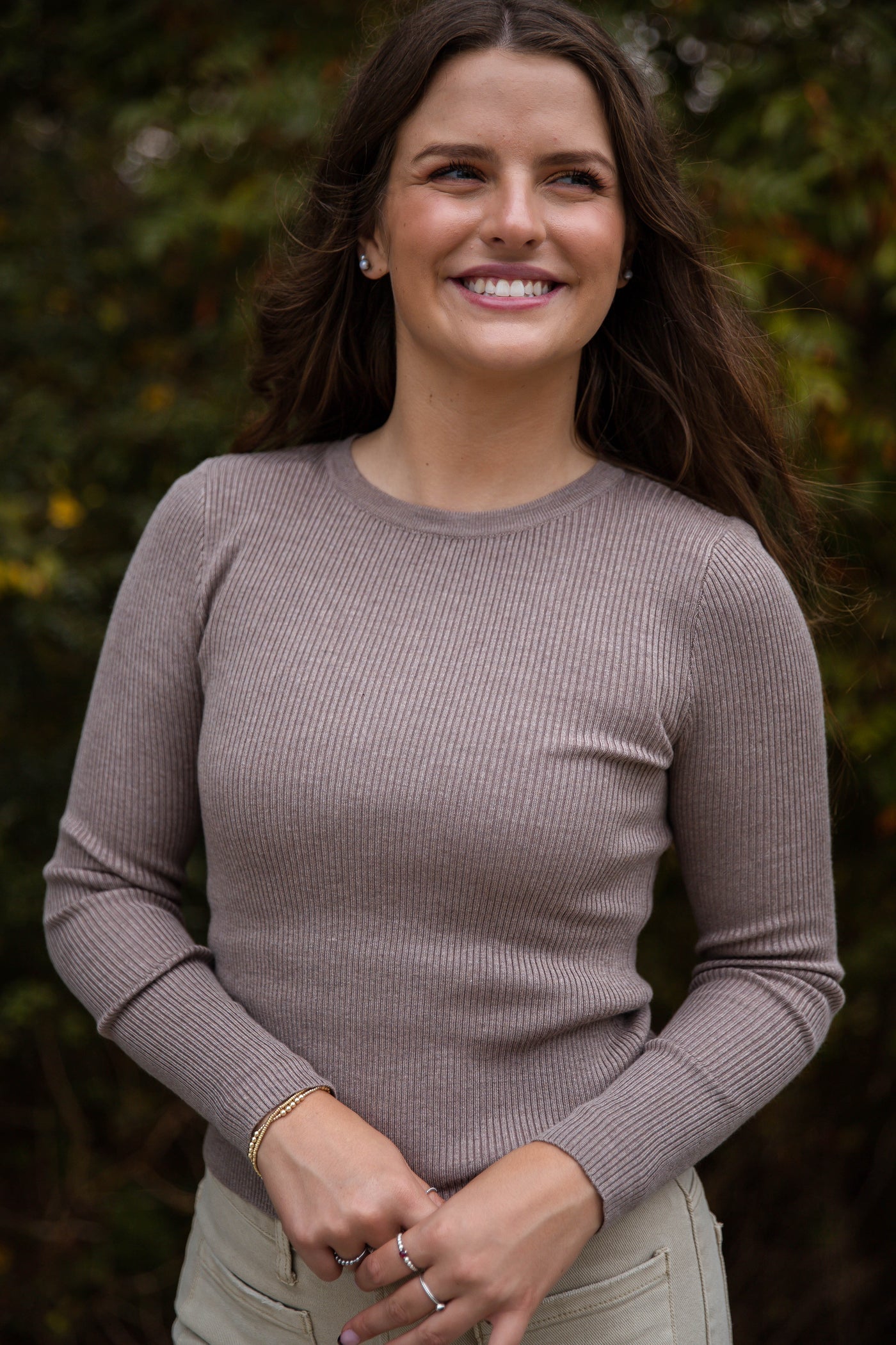 Women's Fitted Ribbed Top- Chic Layering Tops- Brown Ribbed Long Sleeve Top