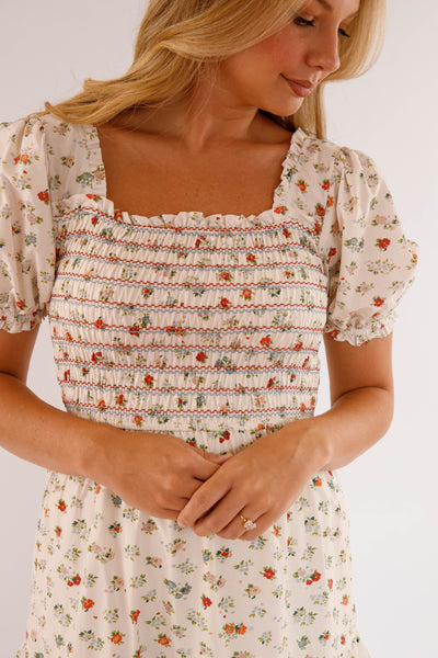 Women's Cotton Ivory Floral Maxi- Puff Sleeve Floral Maxi Dress- Storia Dresses