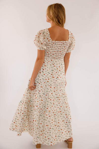 Women's Cotton Ivory Floral Maxi- Puff Sleeve Floral Maxi Dress- Storia Dresses